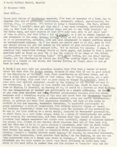 Robert Coover's typed letter reads: "Dear Bill... Since your review of Pricksongs appeared, I've been at somewhat of a loss, how to expres that mix of gratitude, admiration, amusement, relief, justification, humility, etc., it has aroused." The letter continues on in this way and seems to be the first page of the letter as the last sentence cuts off in the middle.