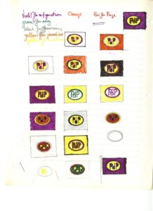 Various combinations of the colors orange, yellow, purple, red, and green set to the PdP flag design, which features the letters PdP set in a oval on a flag.