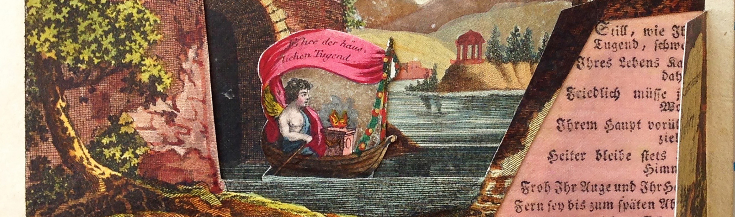 The message is in German. The figure in the boat is coming out of a tunnel, has wings and is wearing a toga. There is a lush tree in the foreground and the background has a rounded structure with pillars across the lake.
