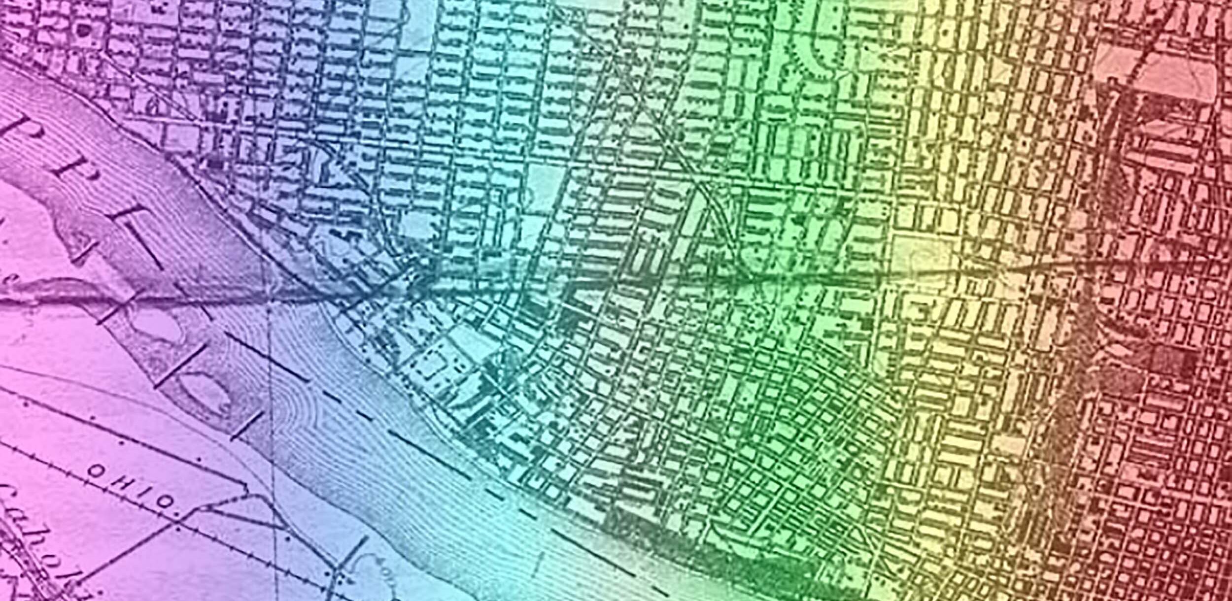 A map of St. Louis with the rainbow flag superimposed.