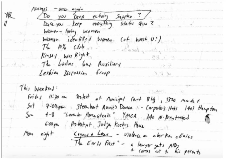 A hand-written journal entry on lined paper. The entry details potential club names for the group, which eventually settles on Do You Keep Echoing Sappo? or DYKES. Other options were: Dare You Keep Everything Status Quo?, Women - Loving Women, Women Identified Women (of WashU?), The 10% Club, Kinsey was Right, The Ladies Gay Auxiliary, and Lesbian Discussion Group. Weekend plans are also indicated on the note.
