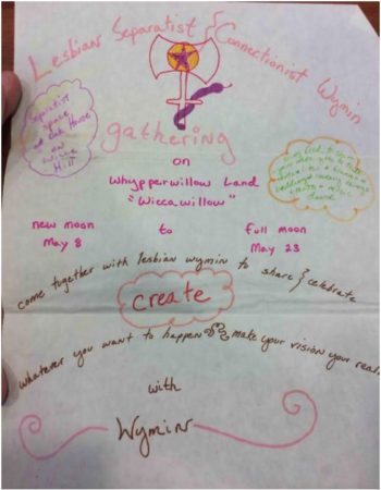 The flyer is hand-drawn with markers and expresses a message reading "Come together with lesbian wymin to share and celebrate, create, whatever you want to happen - make your vision your reason with Wymin."