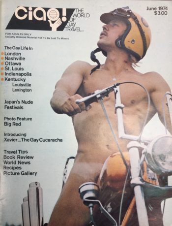 The cover features a man straddling a motorcycle wearing a helmet - and only the helmet. His modesty is kept by the low angle of the frame and the motorcycle's placement. 
