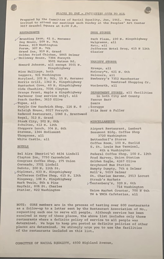 Prepared by the Committee of Racial Equality in January 1961, this is a typed list titled "Places to Eat - Open to All." The list is detailed further down the page under the heading "Places to Eat."