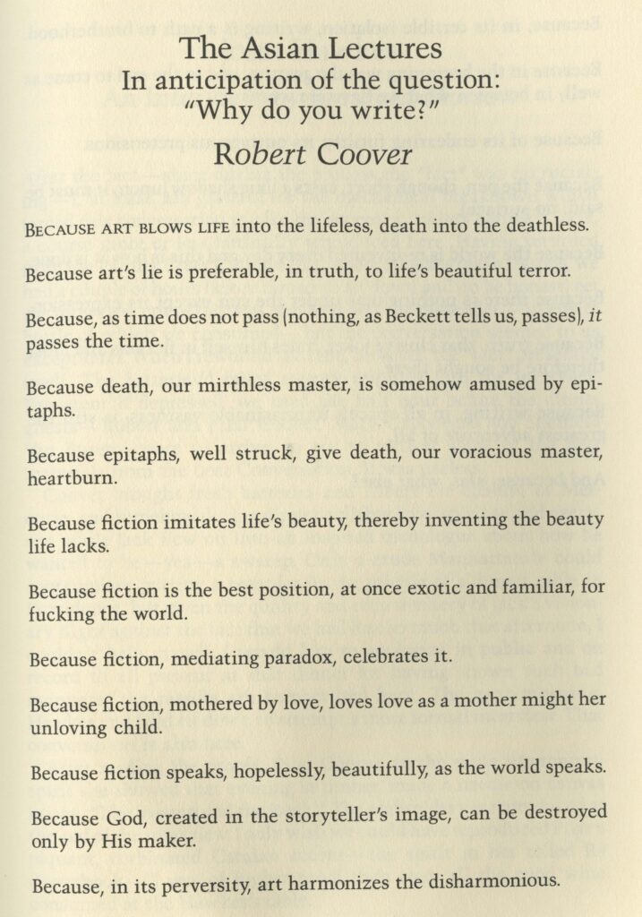 A printed page from The Asian Lectures "In anticipation of the question: 'Why do you write?'" The page lists Robert Coover's given reasons. 