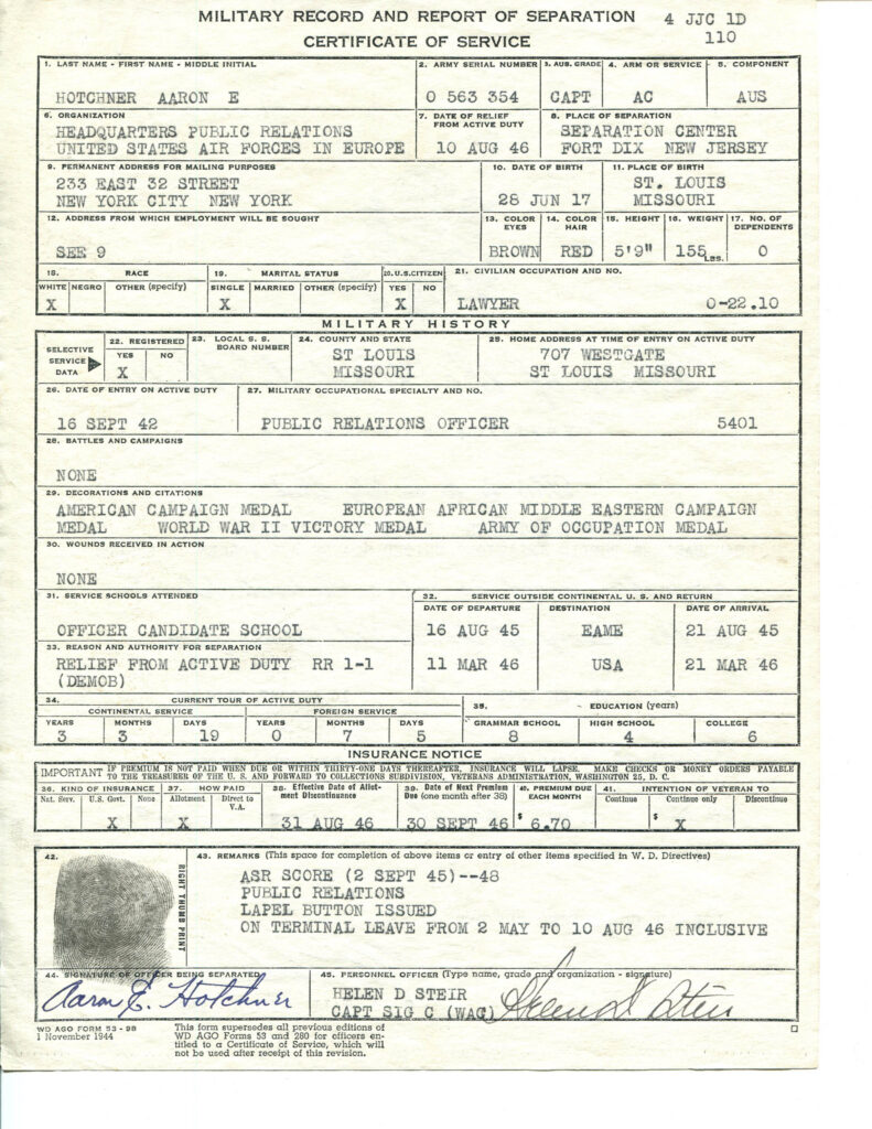 A.E. Hotchner's Army Discharge Papers. This page details Hotchner's service, station, and overall record. It is affixed with his finger print and signed.
