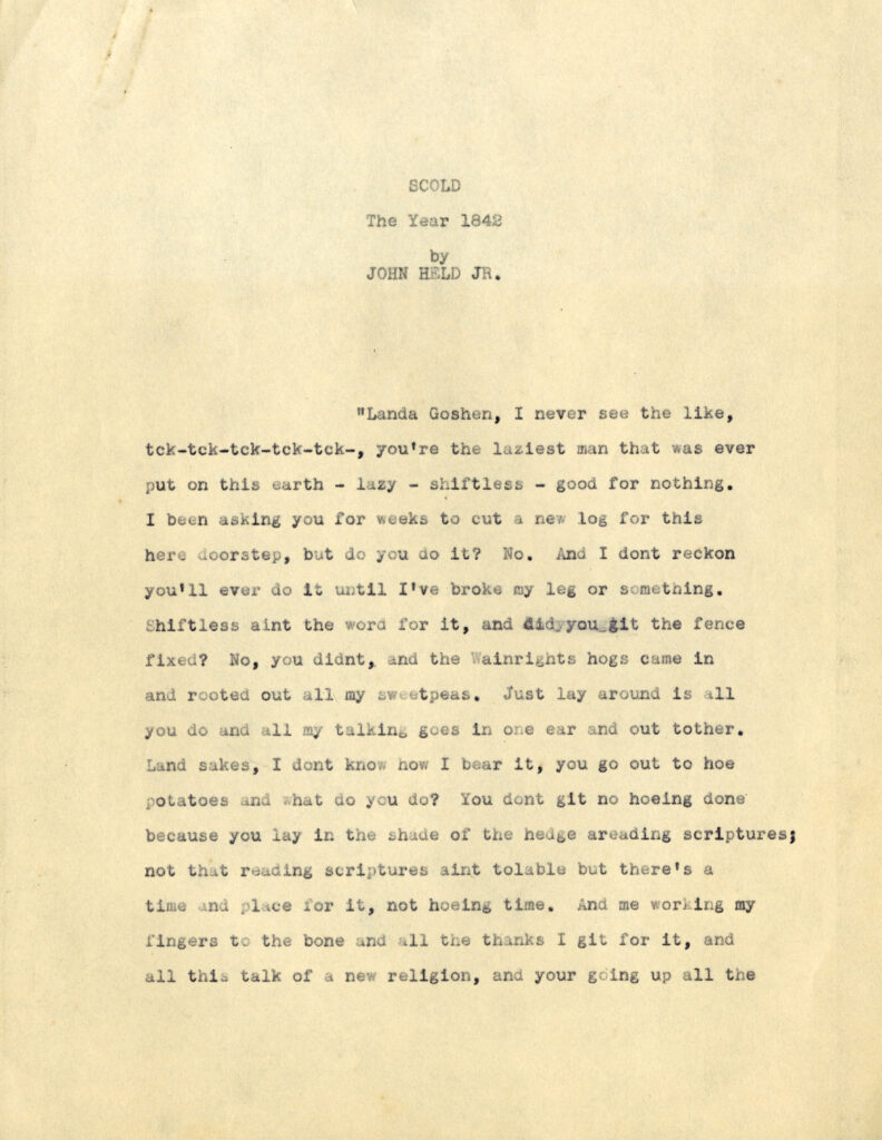 A typewritten piece of prose by John Held Jr. The piece is titled "SCOLD The Year 1842."