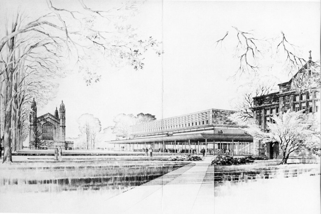 An architectural sketch of Olin Library. The sketch is lovingly detailed with both existing campus trees and neighboring buildings.