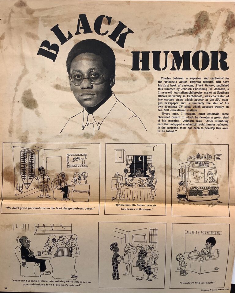 An editorial biography of Charles Johnson published in the Chicago Tribune Magazine introducing his first book of cartoons, Black Humor
