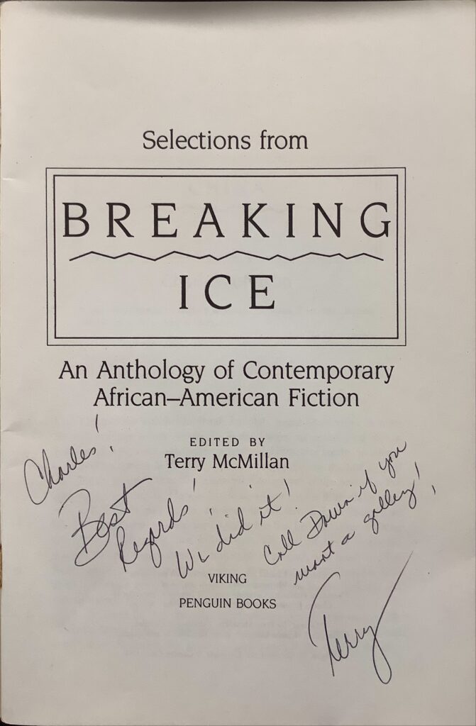 The title page from Breaking Ice with a personal note from Terry McMillan written in cursive.