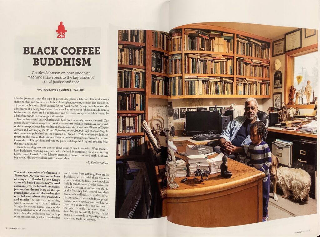 A two-page magazine feature titled "Black Coffee Buddhism."