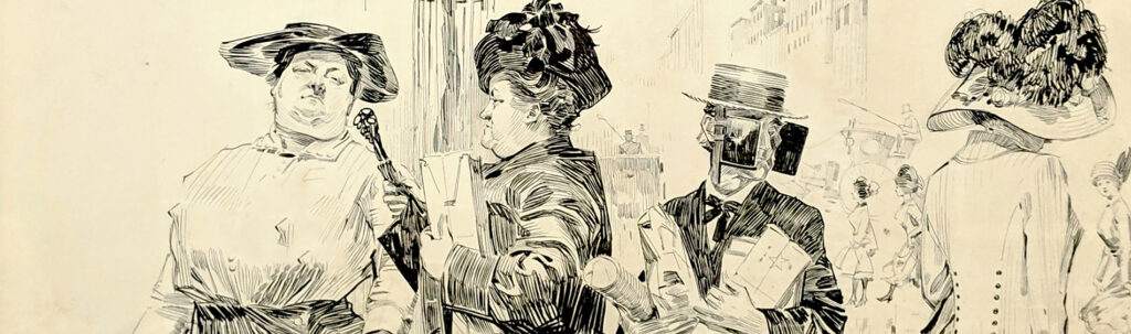 A sketched drawing of individuals walking about a city with clothing reflecting a mid-19th century time period. The women all walk about as normal, but the men seem to be wearing horse blinders.