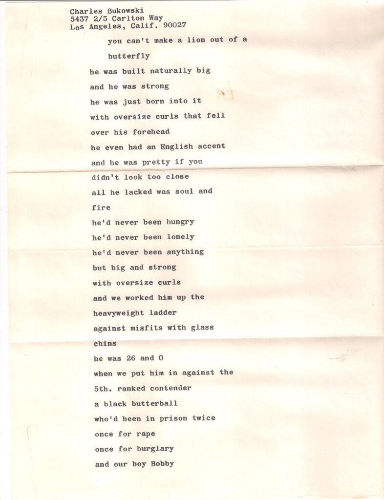 A full-page, double-spaced typewritten poem submitted by Charles Bukowski. The poem starts/is titled "you can't make a lion out of a butterfly."