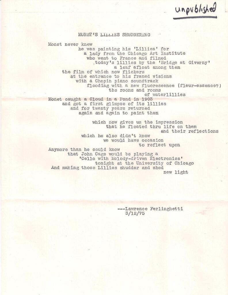 A typed poetry submission by Lawrency Ferlinghetti dated 12 March 1975. The submission is tilted "Monet's Lillies Shuddering" and has a handwritten note reading "unpublished" in the corner.