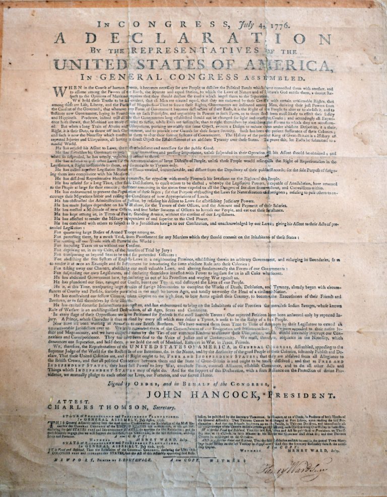 A printed first page of the Declaration of Independence.