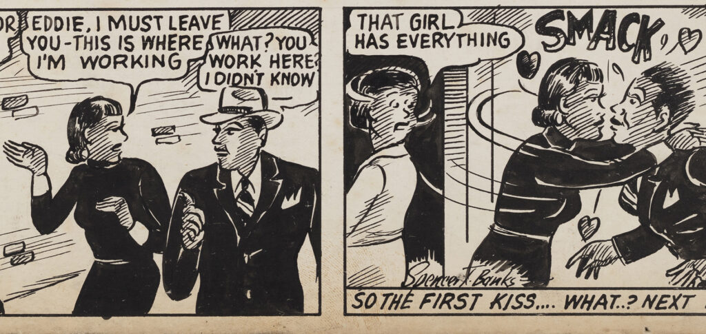 A two panel strip from Pokenia #7. The first panel has Pokenia and Eddie, with Pokenia saying "Eddie, I must leave you - this is where I'm working" and Eddie responding "What? You work here? I didn't know." The second panel has Pokenia kissing Eddie goodbye - with a SMACK! effect - while a female coworker walks by saying "That girl has everything" and a text below the panel reads "So the first kiss... what..? next..?"