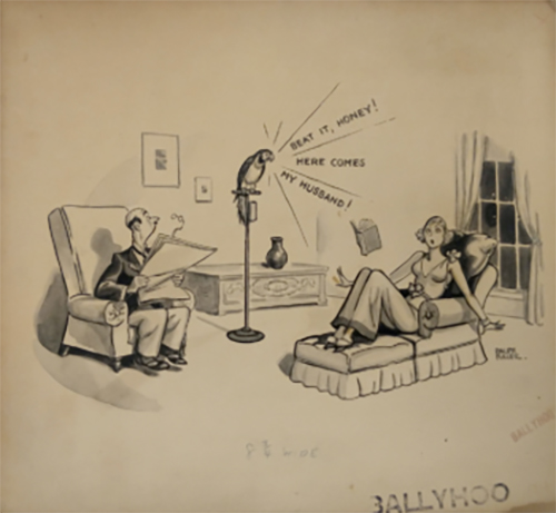 The illustration is a one-panel comic of a husband and wife seated in their living room with a pet parrot on a stand between them. The couple are shocked from their diversions as the parrot is shown calling "Beat it, honey! Here comes my husband!"