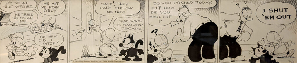 The image is a four paneled "Felix the Cat" comic by Otto Messmer describing a baseball game.