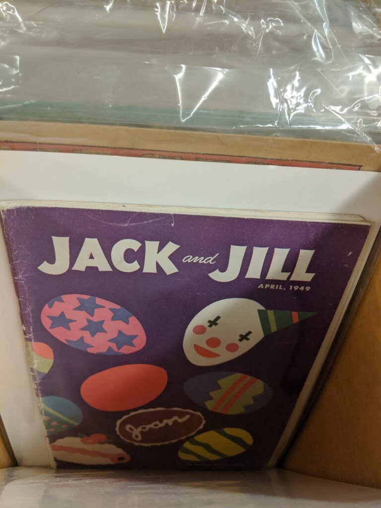 Comic book cover for Jack and Jill (April 1949). The cover art shows drawings of colored eggs, one of which looks like a clown's face.