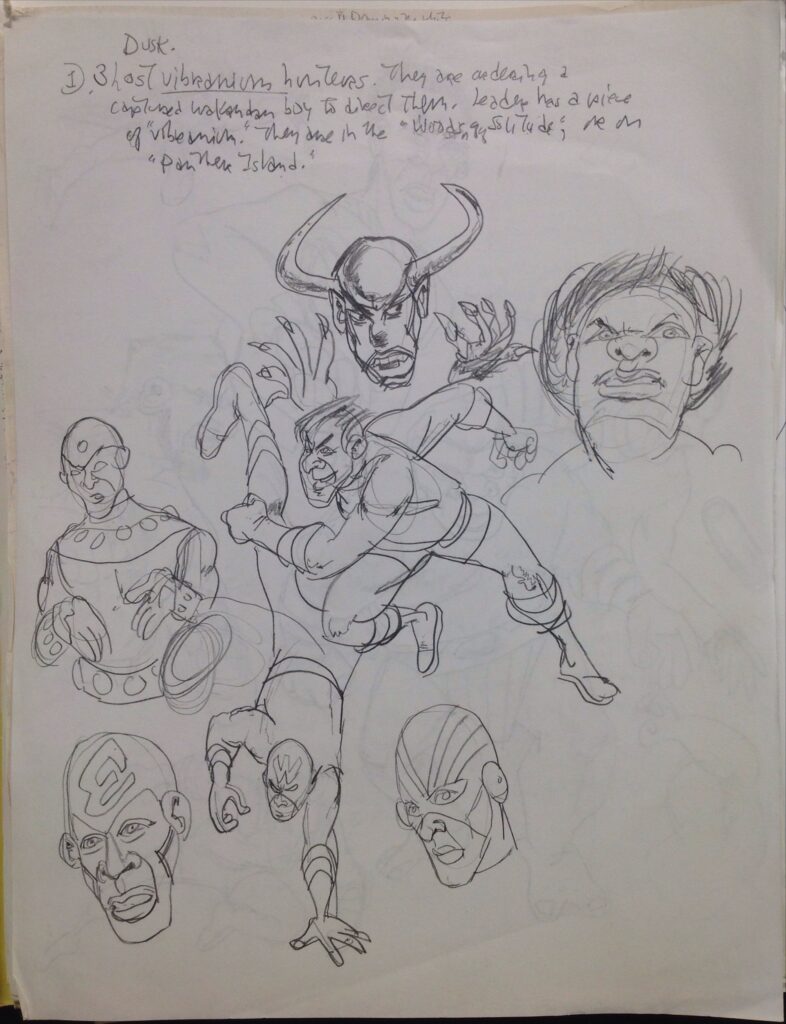 Character and action sketches of the Black Panther super hero in and out of costume.