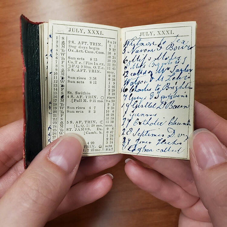 A miniature almanac dated July, XXXI - or July 31. The left side of the almanac shows printed information about the day, such as the sunrise and fall; the right side of the page was left blank and has handwritten notations done in cursive.