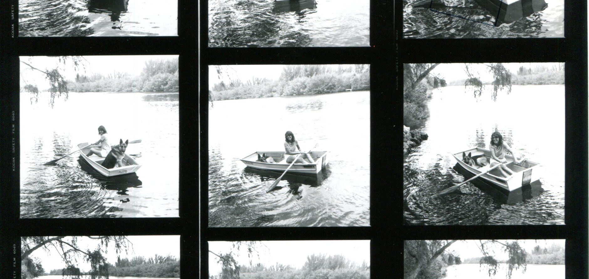 Header image for Joy Williams: Honored Guest. A film strip with multiple photos of Joy Williams in a rowboat with one of her German Shepherd dogs.