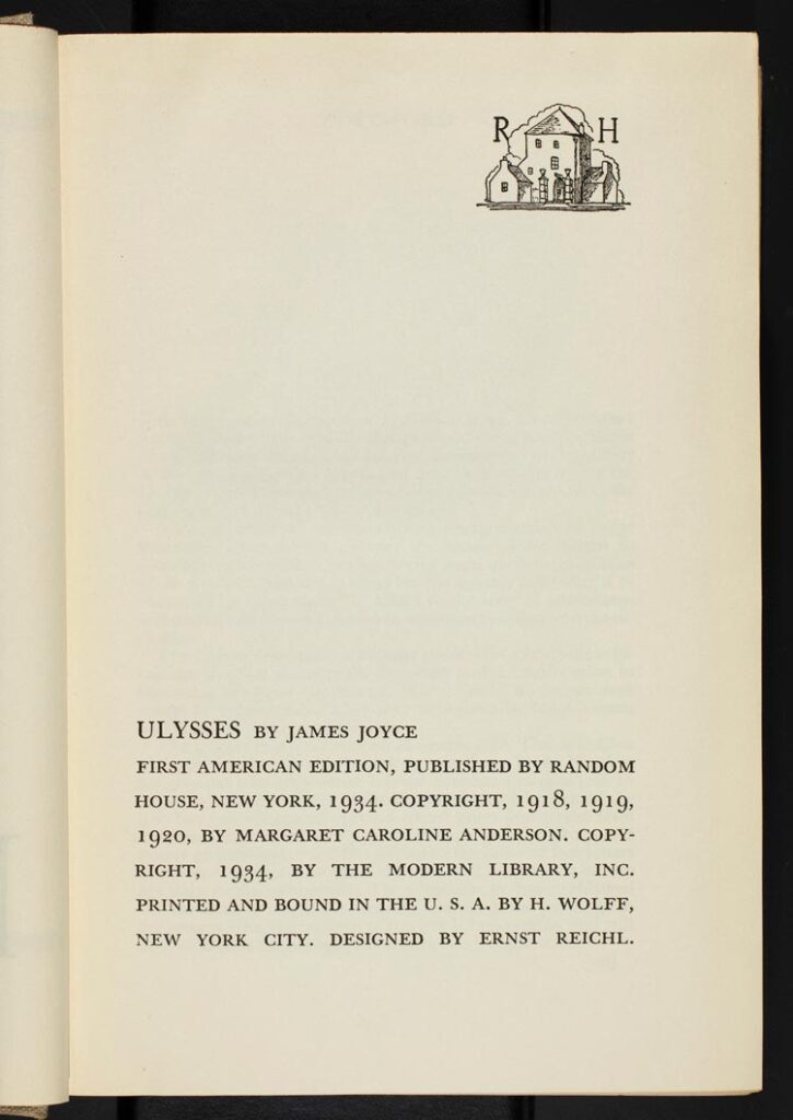 Publication note for a first American edition of James Joyce's Ulysses.