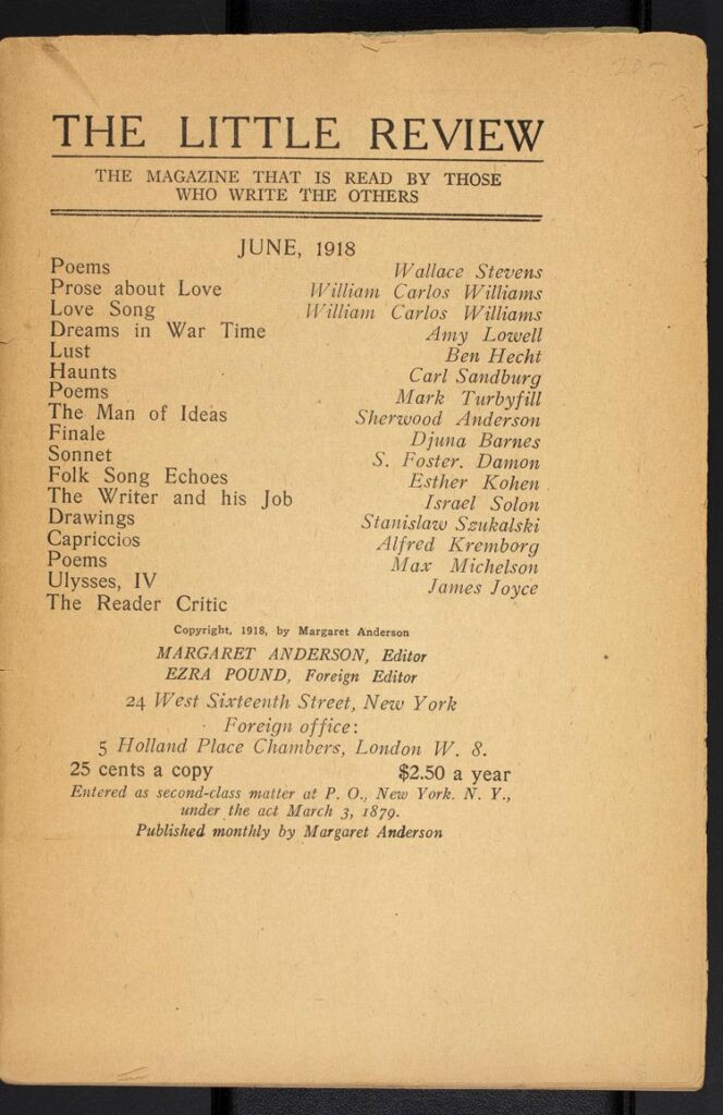 The Little Review magazine's June 1918 table of contents, which includes a review of Ulysses, IV, by Max Michelson.