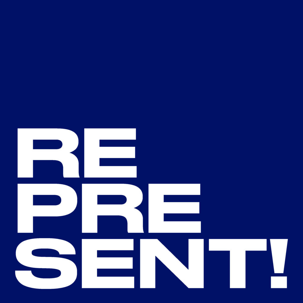 Represent logo has the name of the partnership - Represent! - in white on a blue background.