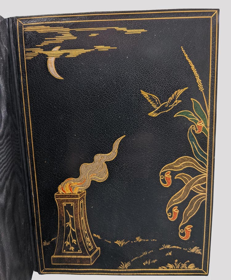Embossed detailing on the leather cover of the book. This photo displays the front of the book where a raven is in flight away from a stone pillar with a fire burning alongside a flowering plant under a crescent moon on a dark and stormy night.