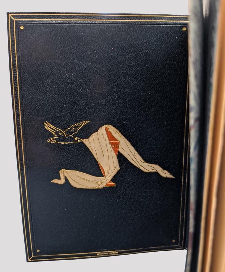 Embossed detailing on the leather cover of the book. This photo displays the back of the book where a raven in flight pulling a cloth from over a vase is depicted.
