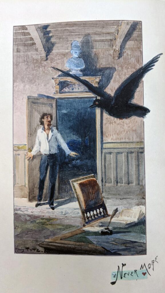 A watercolor painting a scene in Edgar Allen Poe's The Raven where the narrator opens the door to be confronted by a raven.