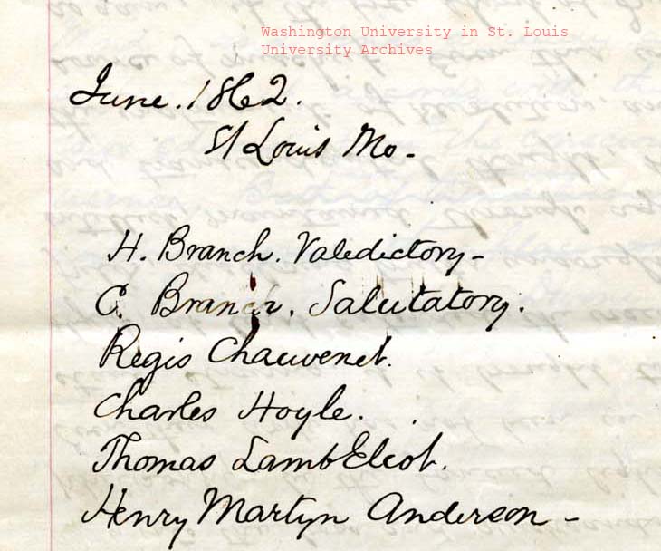 A handwritten note for the June 1862 Commencement Speech that lists six of the graduating class.