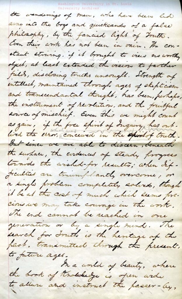 Handwritten draft of Eliot's commencement speech. A transcript of the draft is quoted on this page.