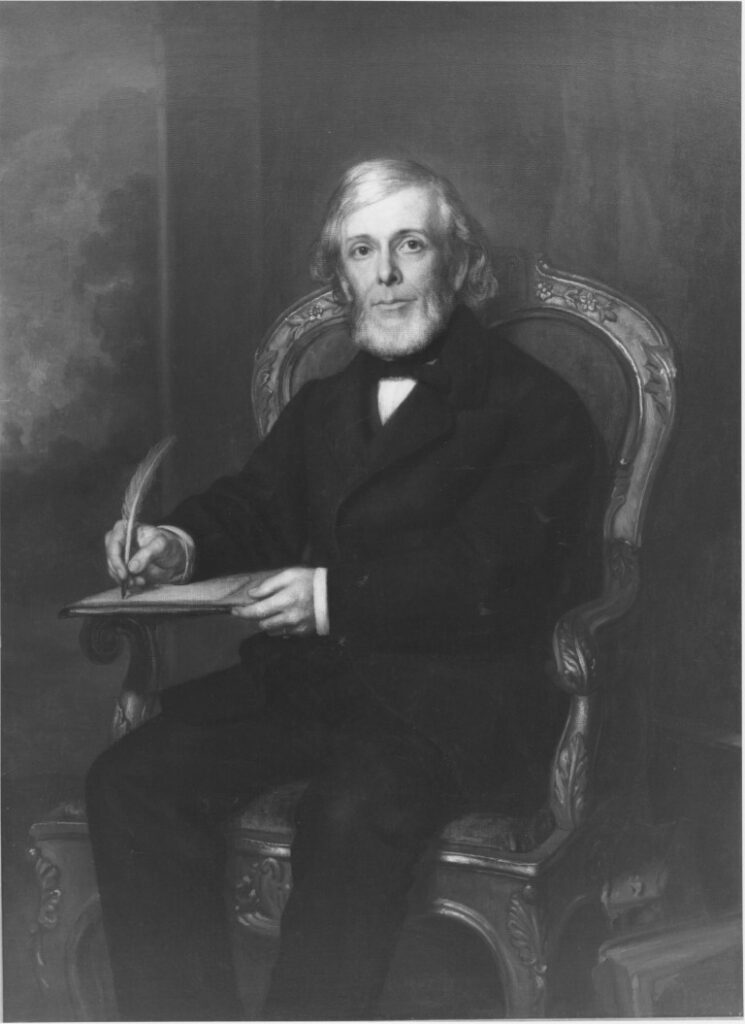 Black and white painted portrait of a man seated at a chair with paper and a fathered pen in hand.