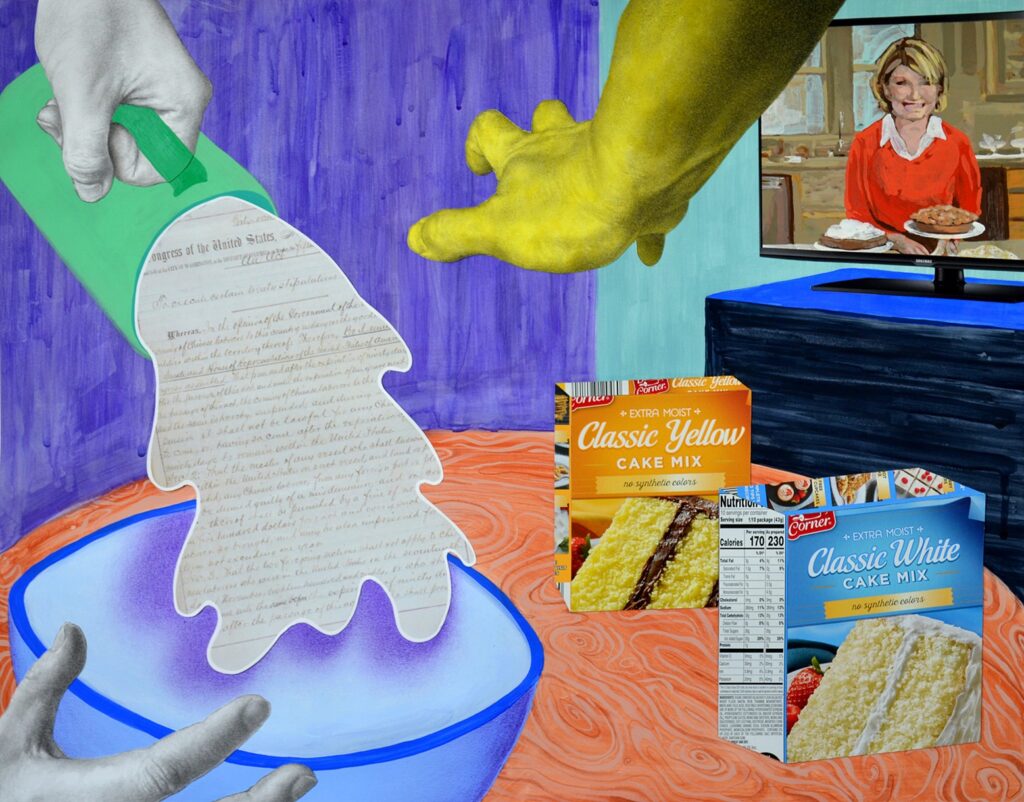 A TV with Martha Stewart and a cake is on in the background while in the foreground one hand is holding a bowl while a second pours liquid into it. A third hand is shown reaching for two cake mixes: A classic yellow cake mix and a classic white cake mix.