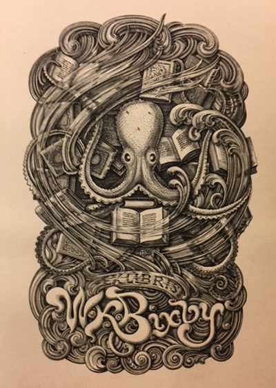 The Bixby bookplate features an octopus in the midst of a whirlwind of books and tempestuous seas.