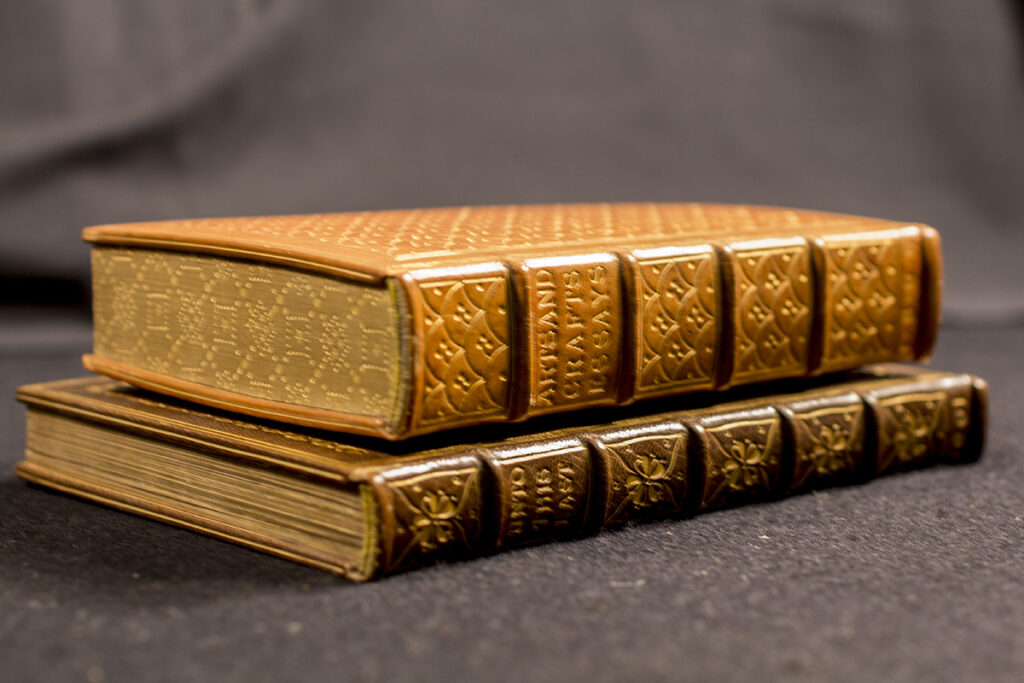 Two closed books in a pile. Both books are leather bound in beautifully intricate covers with gold inlay.