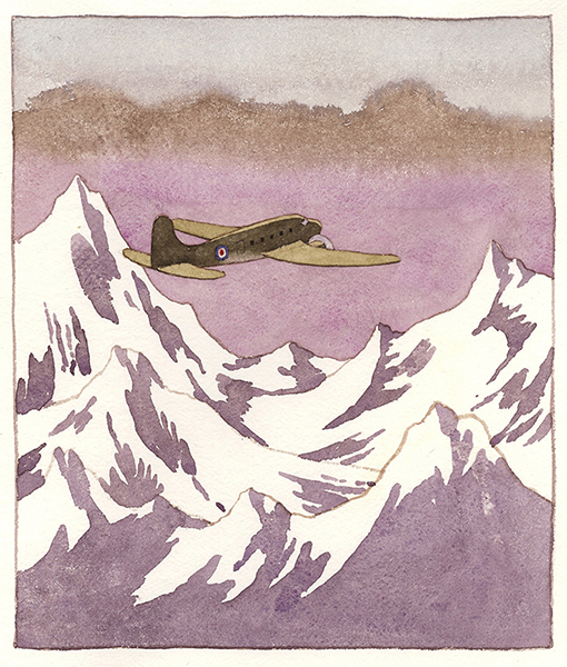 The watercolor painting depicts a plane flying away from the viewer among snow-capped mountains and a dreary sky done in brows and pinks.