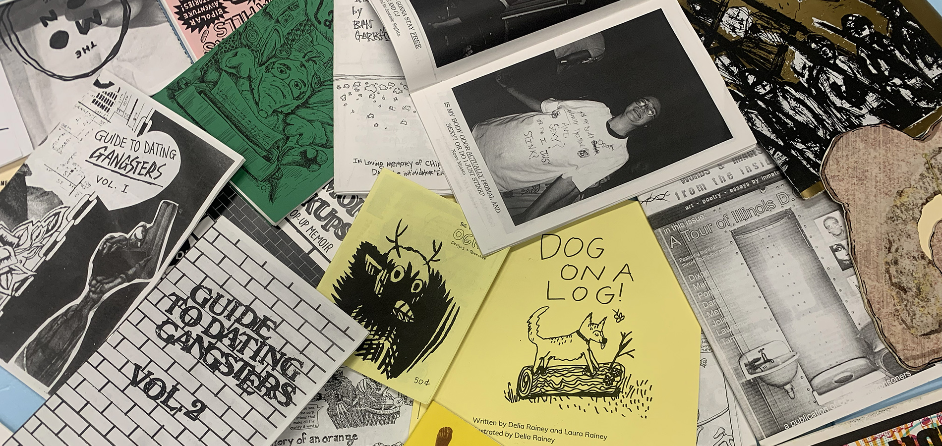 A collection of zines on display in the Collect O'Rama Case at Olin Library.