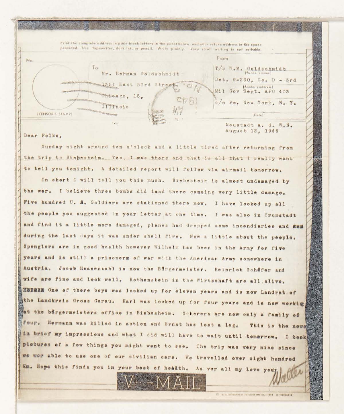 World War II letter from Walter Goldschmidt Papers