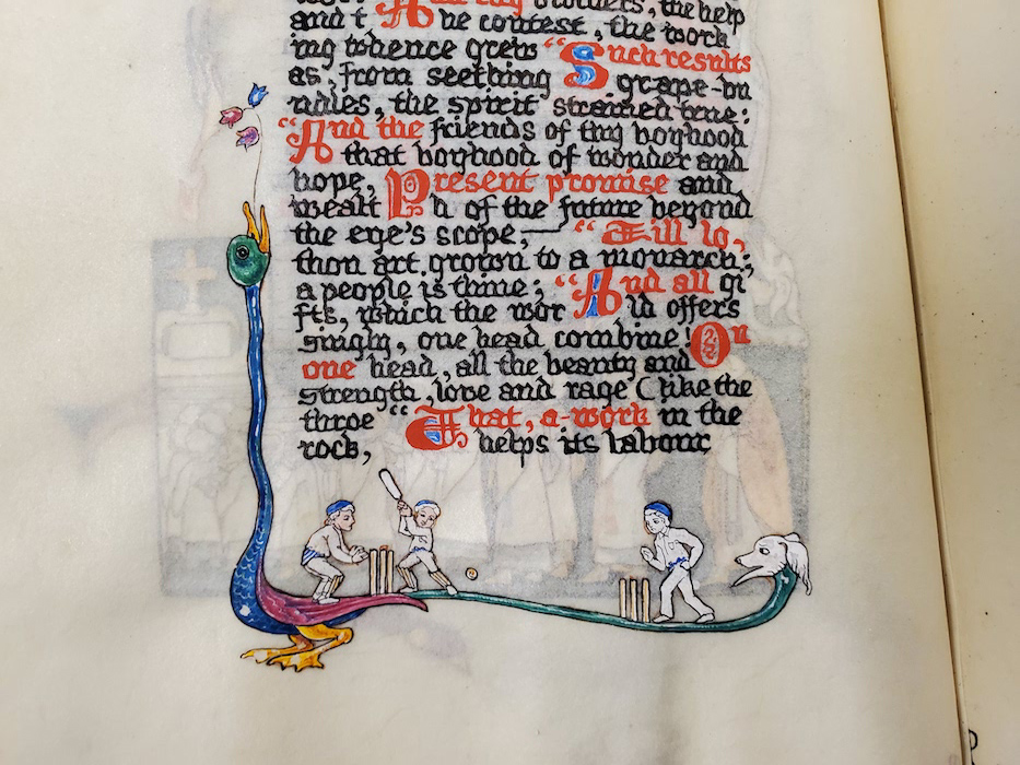 Illuminated page in Saul: A Poem with painting of children playing with ball and a bat