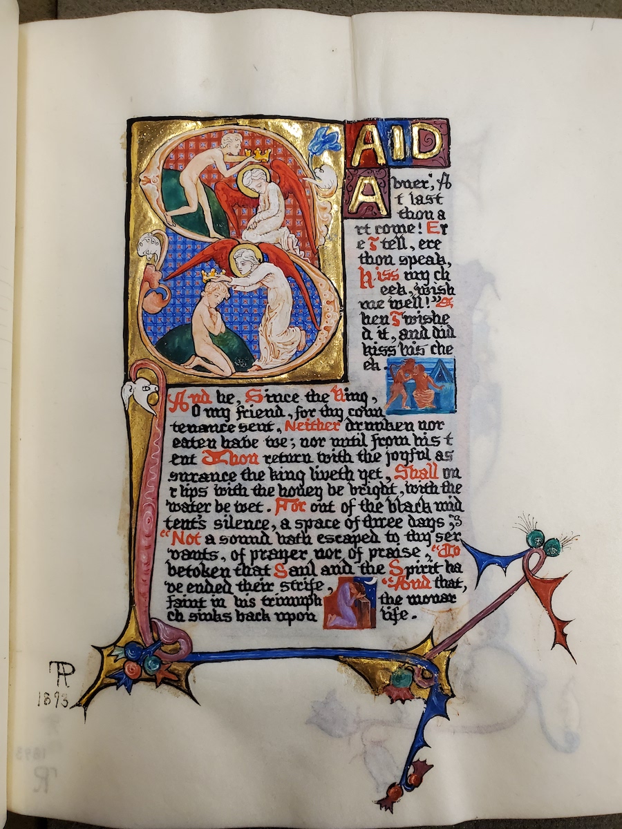 First page of Saul A Poem by Robert Browning, depicting brightly painted images of Saul and David with other motifs.