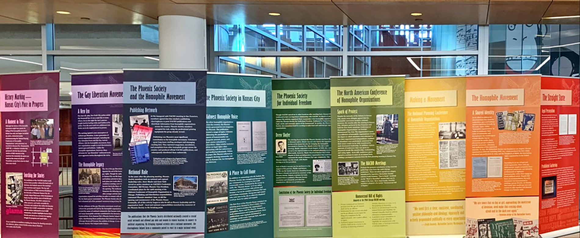 A close up of the Making History: The Rise of Gay Rights in Kansas City pop up exhibition in the Olin Library lobby.