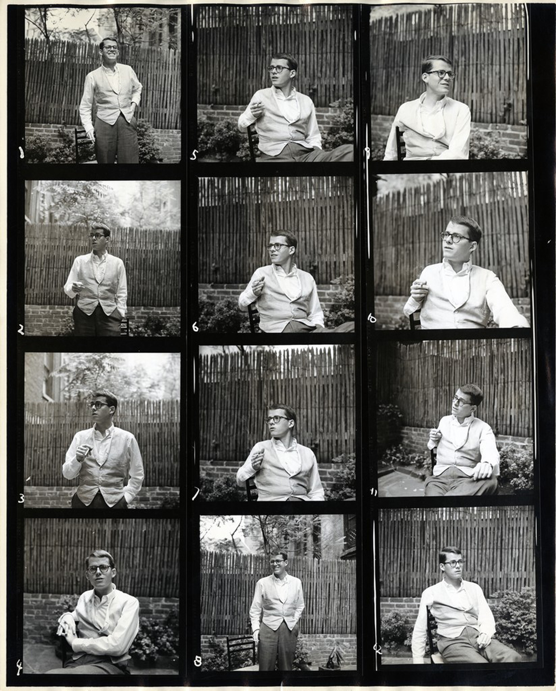 Portraits of a young James Merrill, sitting outside and smoking a cigarette