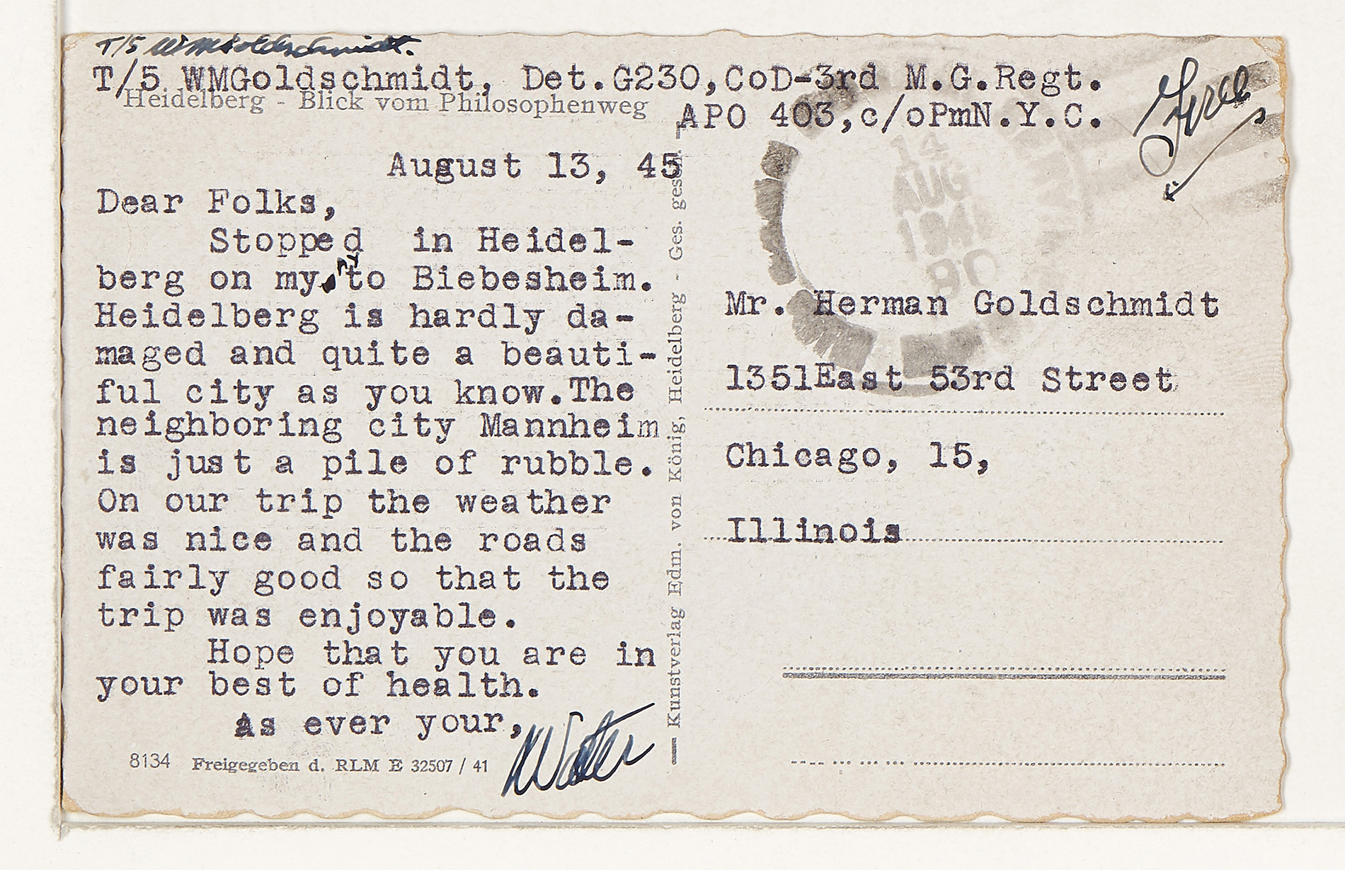 A typed postcard from Walter M. Goldschmidt to his father dated 13 August 1945.