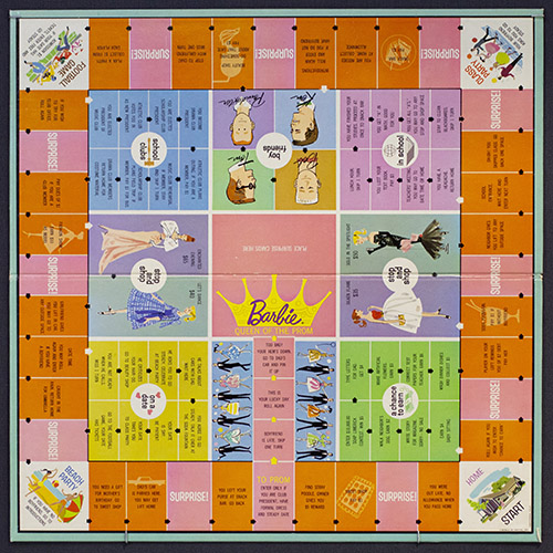 Image card for the "No Boyfriend? Skip One Turn" Gender Representation in Board Games exhibition. The image is of the 1960 Barbie Queen of the Prom Game by Mattel.