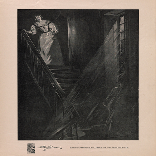Image card for the Things Terrible and Unguessable exhibition. The image shows a woman cautiously creeping down stairs with a lit candle.