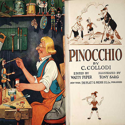 Image card for the Parenting Through Picture Books exhibition. The image shows the front cover art of Pinocchio with Geppetto painting the details on a wooden boy.