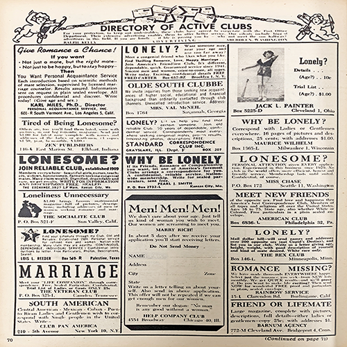 Image card for the "Give Romance a Chance!" exhibition. Image is of a newspaper with the heading: Directory of Active Clubs.